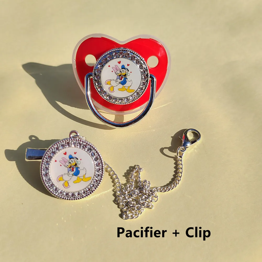 2022 New Baby Luxury Pacifier Cartoon Donald Duck Image Personalized Pacifier Chain Clip Set Toddler Newborn Nipples Baby Shower