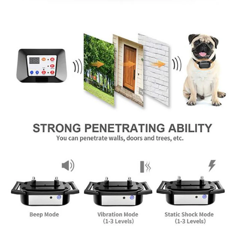 Electronic Pet Dog Fence Anti Bark Control 2 in 1 Wireless Smart Rechargeable Dog Collars Dog Training Pet Supplies