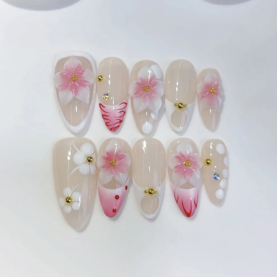 

10PCS Nude Pink Handmade Press on Nails Art Medium Almond Reusable Fake Nails with Floral Design False Nail for Daily Wear