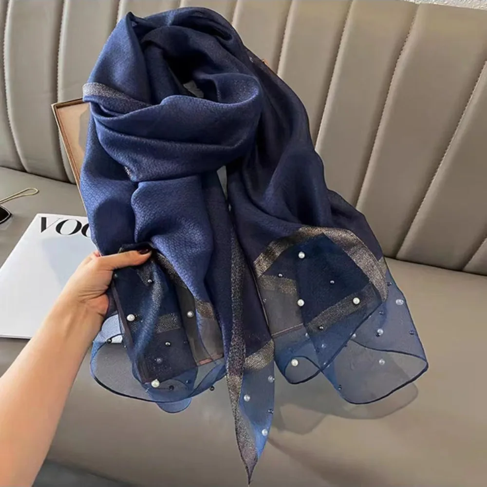 

Elegant Pearls Silk Scarf Shawls Sunscreen Korean Style Mesh Neck Scarves Transparent Neckerchief Ladies/Girls