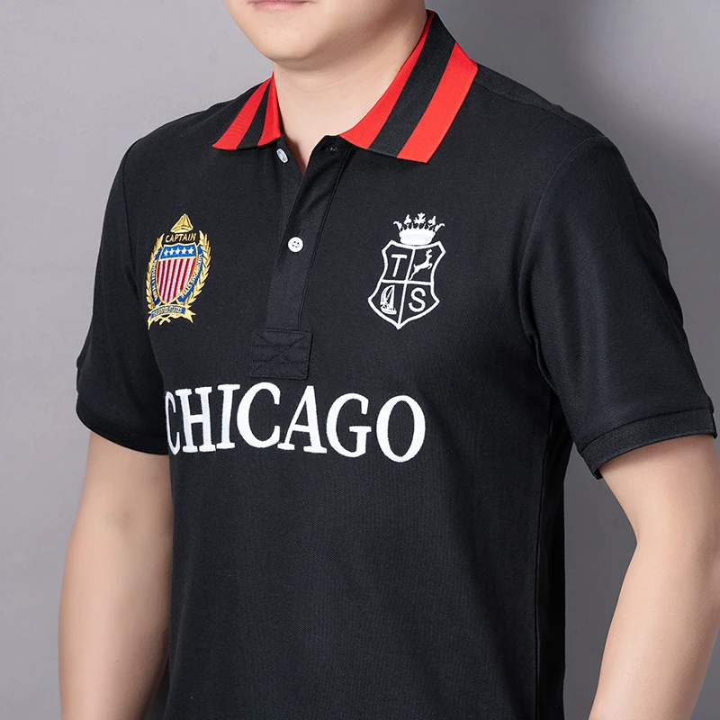 Herren Poloshirt USA Chicago Kurzarm Royal Freizeit Sport Party Baumwolle Bestickt Mit Schlitz Kontrastfarbe Original – Detail 6