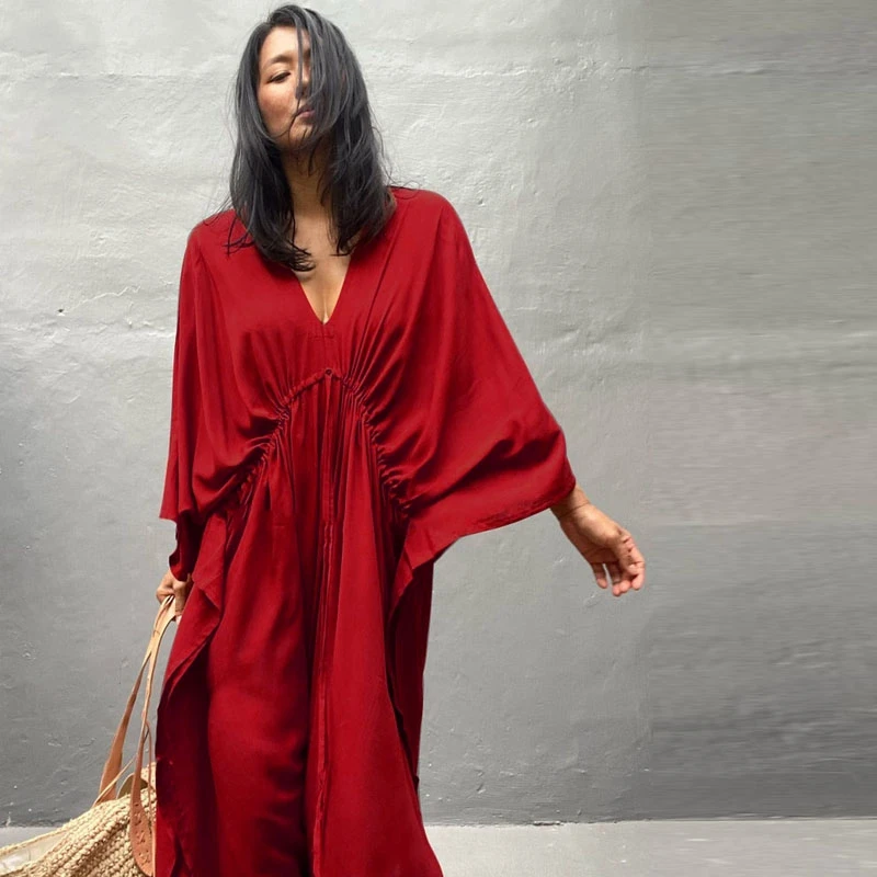 Front Backside Deep V-Neck Kaftan Women Elegant Muse Dresses Red Color Casual Party Caftan Drawstring At Waist Design Robe Chic