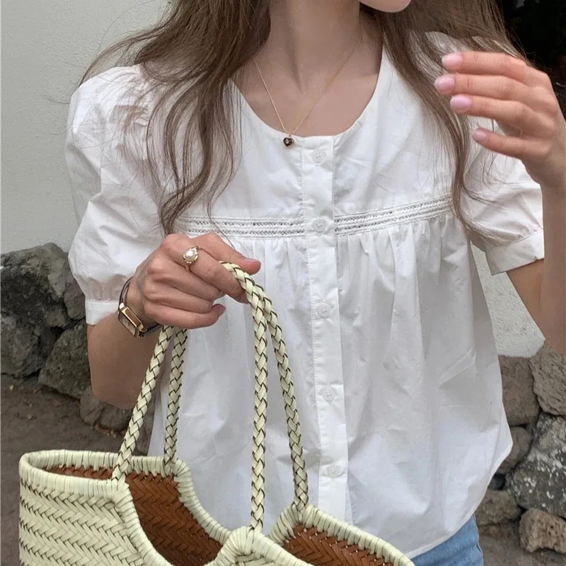 New Cute Chic Doll Design Fold Tops Hot Women Summer 2025 Chic Korea Japan Style Retro Vintage Solid Girls Short Shirt Blouses