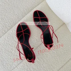 Red Thong Heels Women Sandals Summer Sexy Ankle Strap Cut-out T-strap Gladiator Sandals Lady Tie-up Concise Trending Dress Shoes