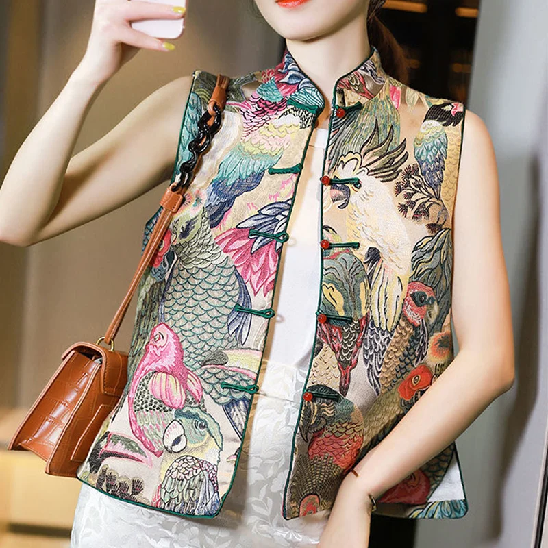 Atasan Hanfu Kasual Wanita Elegan Baru Pakaian Retro Wanita Rompi Modern Gaya Cina Gilet Cetak Etnik Tradisional Oriental