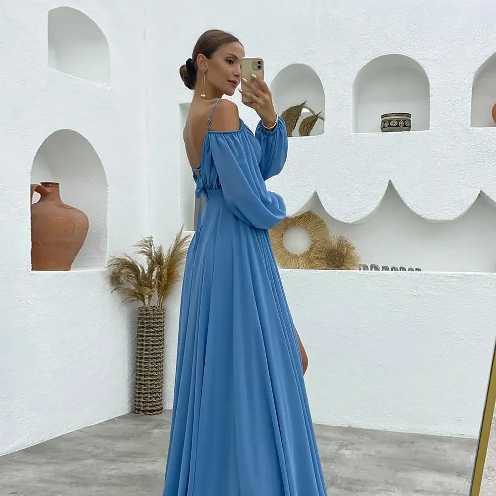 فستان وصيفة العروس نسائي بأكمام طويلة وحزام سباغيتي لحفلات الزفاف مع فستان رسمي مكشكش وجيوب