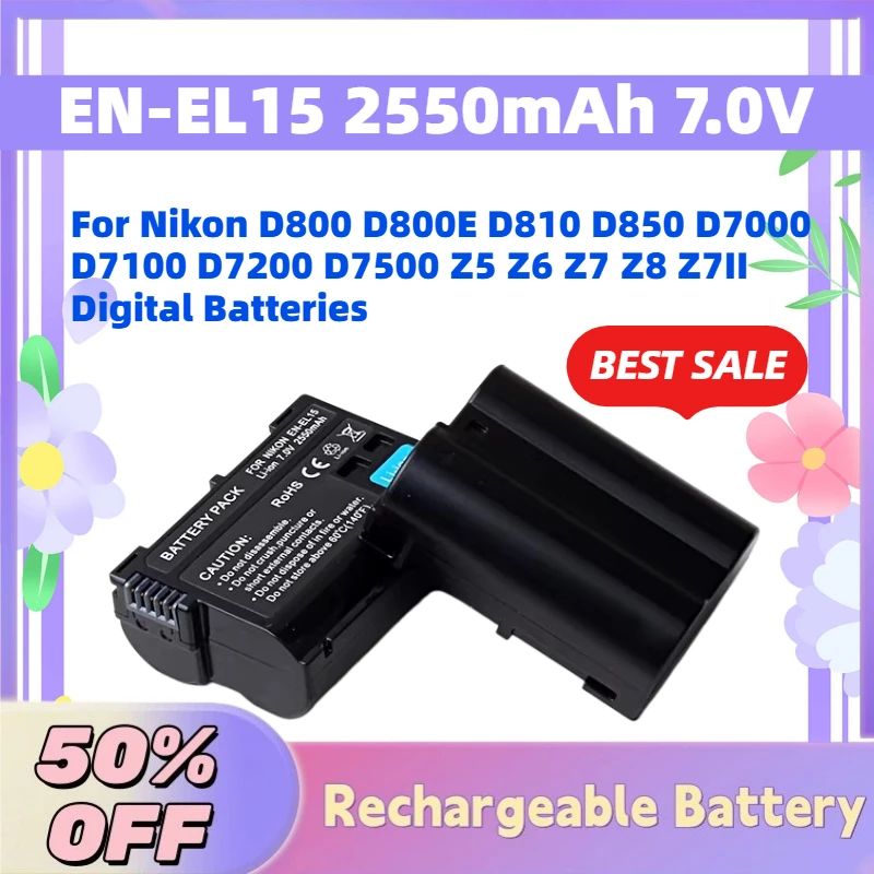 

EN-EL15 2550mAh 7.0V Replacement Battery for Nikon D800 D800E D810 D850 D7000 D7100 D7200 D7500 Z5 Z6 Z7 Z7II Digital Batteries