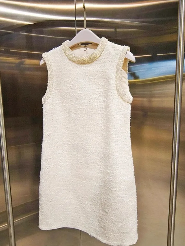 

Роскошное короткое твидовое платье с кристаллами и жемчугом весны 2025, женский комплект из двух предметов, куртка, пальто с блестками, вечерние платья, белые костюмы