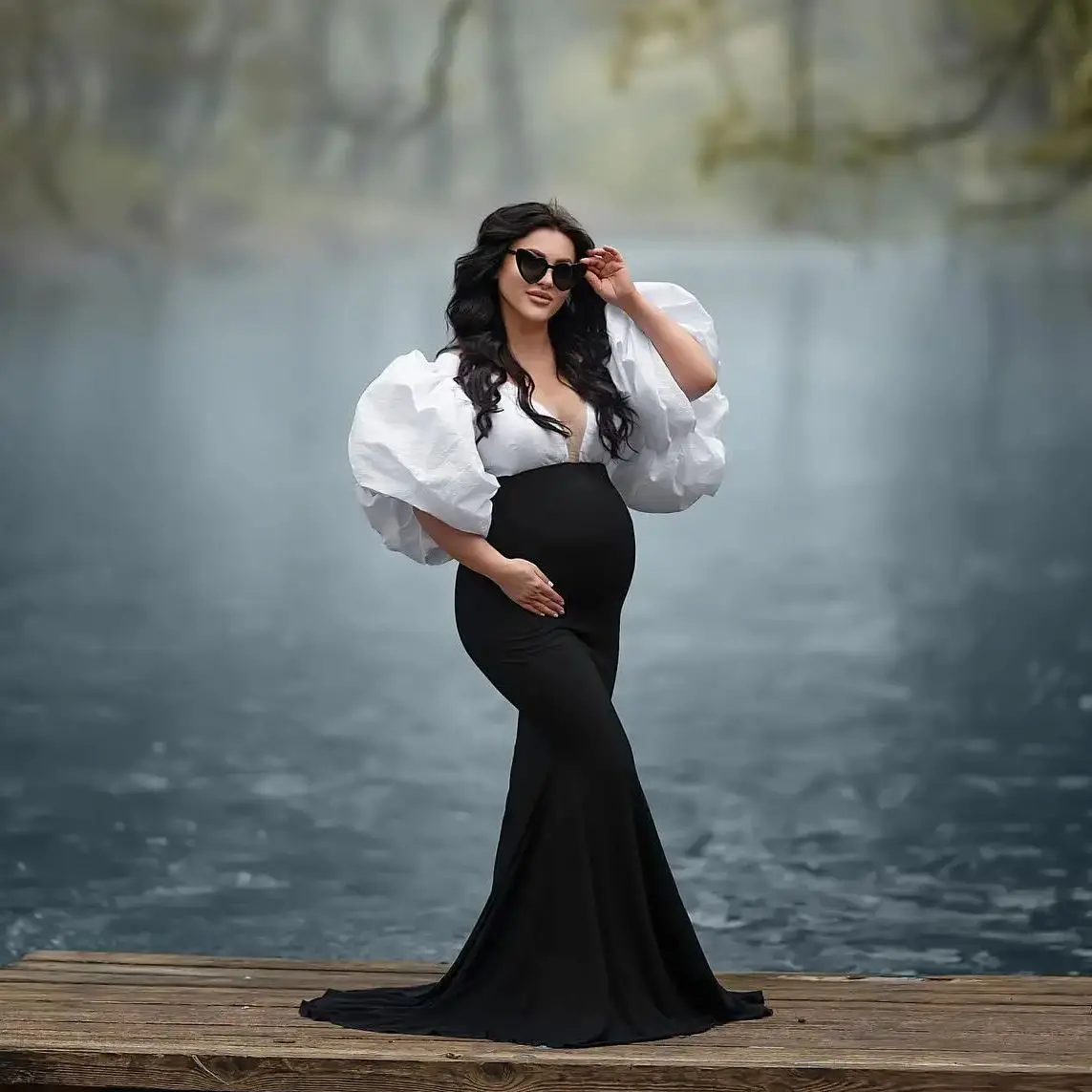 Zwart En Wit Prom Jurken Lantaarnmouwen Zwangerschaps Fotoshoot Jurk Vrouwen Zeemeermin Baby Shower Jurken V Hals Feestjurk