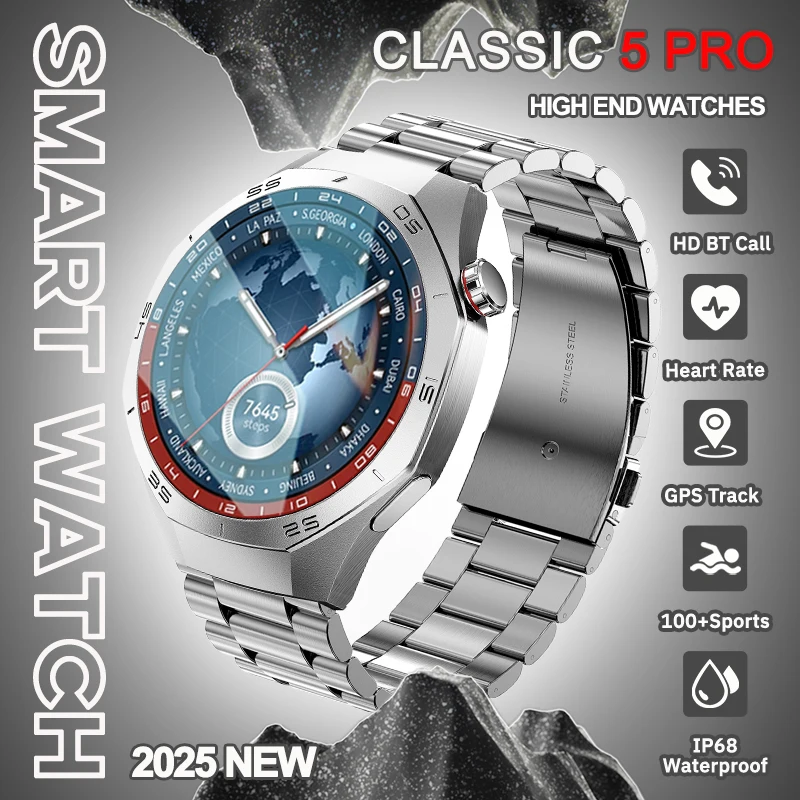 

2025 НОВЫЙ CLASSIC 5 PRO Мужские GPS Смарт-часы HD AMOLED Дисплей NFC HD Talk Heart Rate IP68 Водонепроницаемые часы Фитнес Смарт-браслет