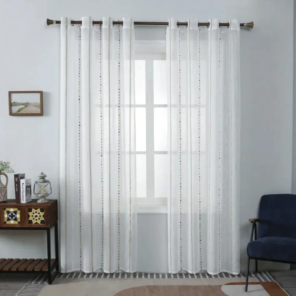 American Style Minimalist Modern Colorful Line Printing Sheer Curtain for Living Room Transparent Floating Window Screen Curtain