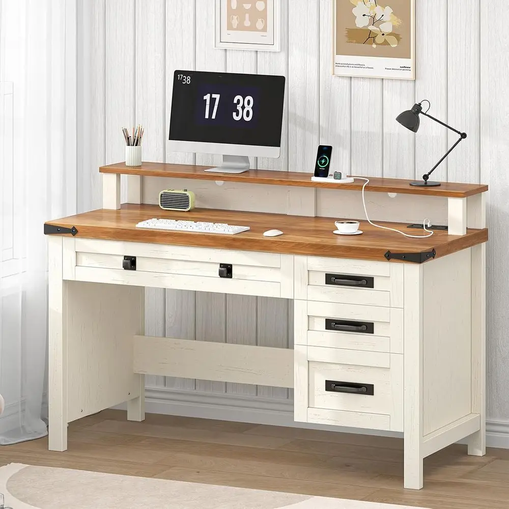 

Компьютерный стол 47 Antique White с розетками, подставкой для монитора и 4 ящиками для домашнего офиса