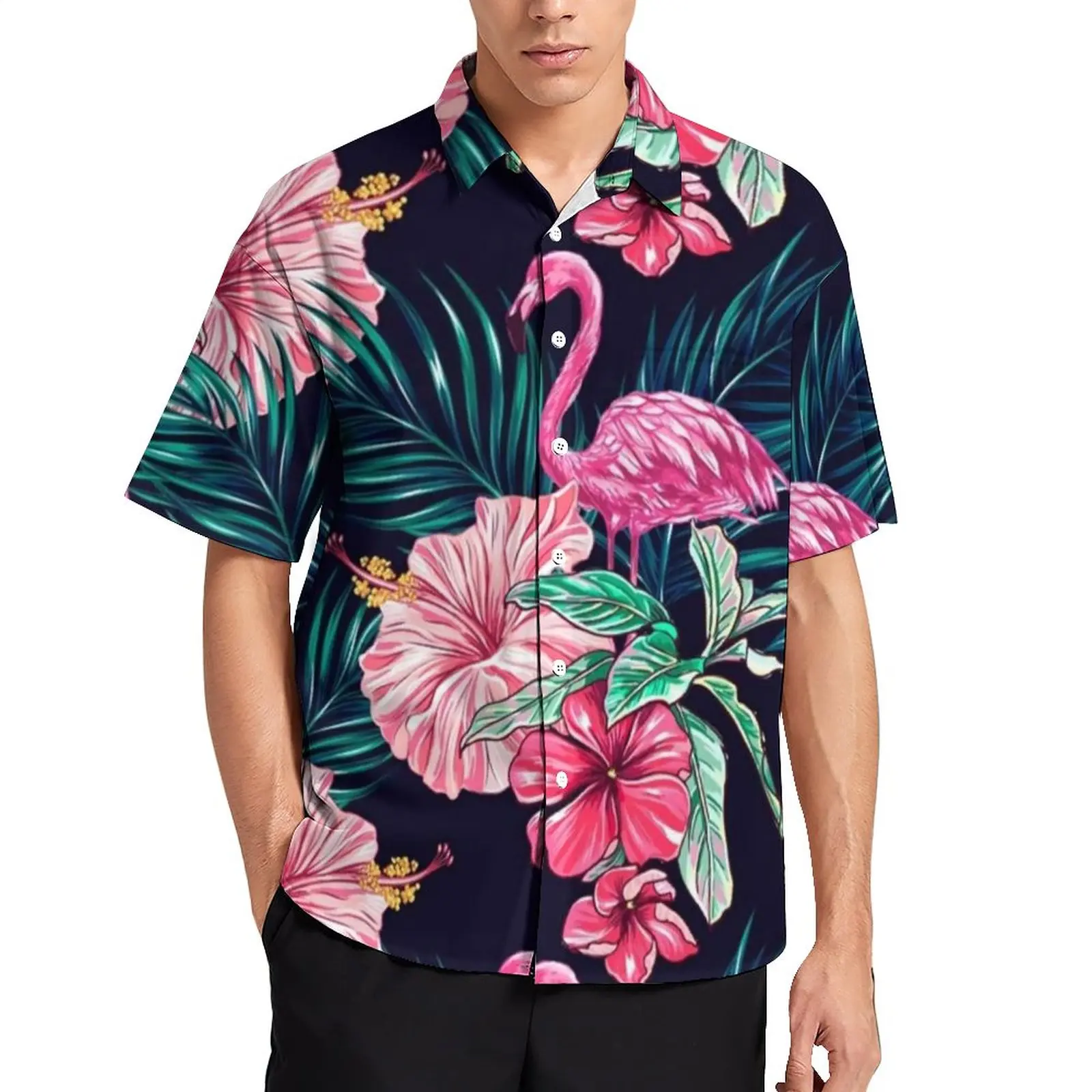 Pink Flamingos Casual Shirt Male Palm Leaf Pink Flower Hawaiian Shirt Trendy Blouses Short-Sleeve Oversize