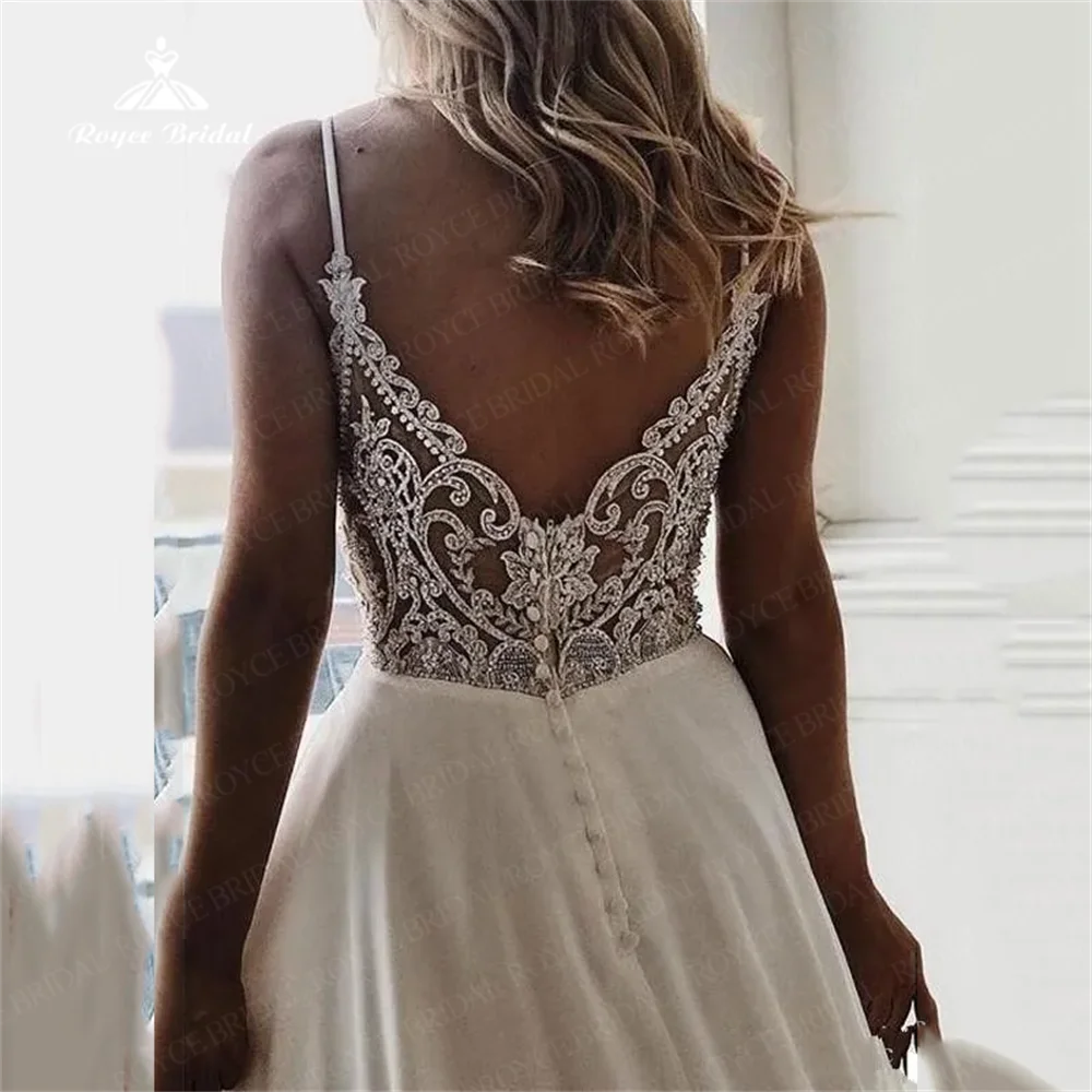 Modern Wedding Dress Plunging V Neck Sleeveless Spaghetti Straps Classic Lace Applique Customize Bridal Gowns vestidos de novia