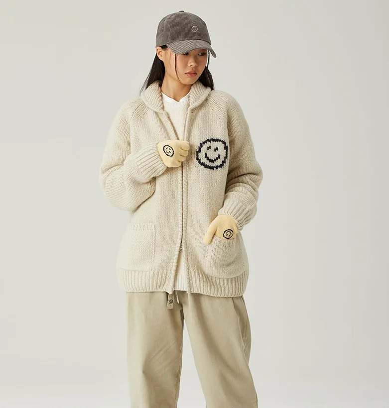 Thiened malha de lã jaet zíper solto ajuste ex primavera 2025 longo sve cardigan sle commute faion carta padrão