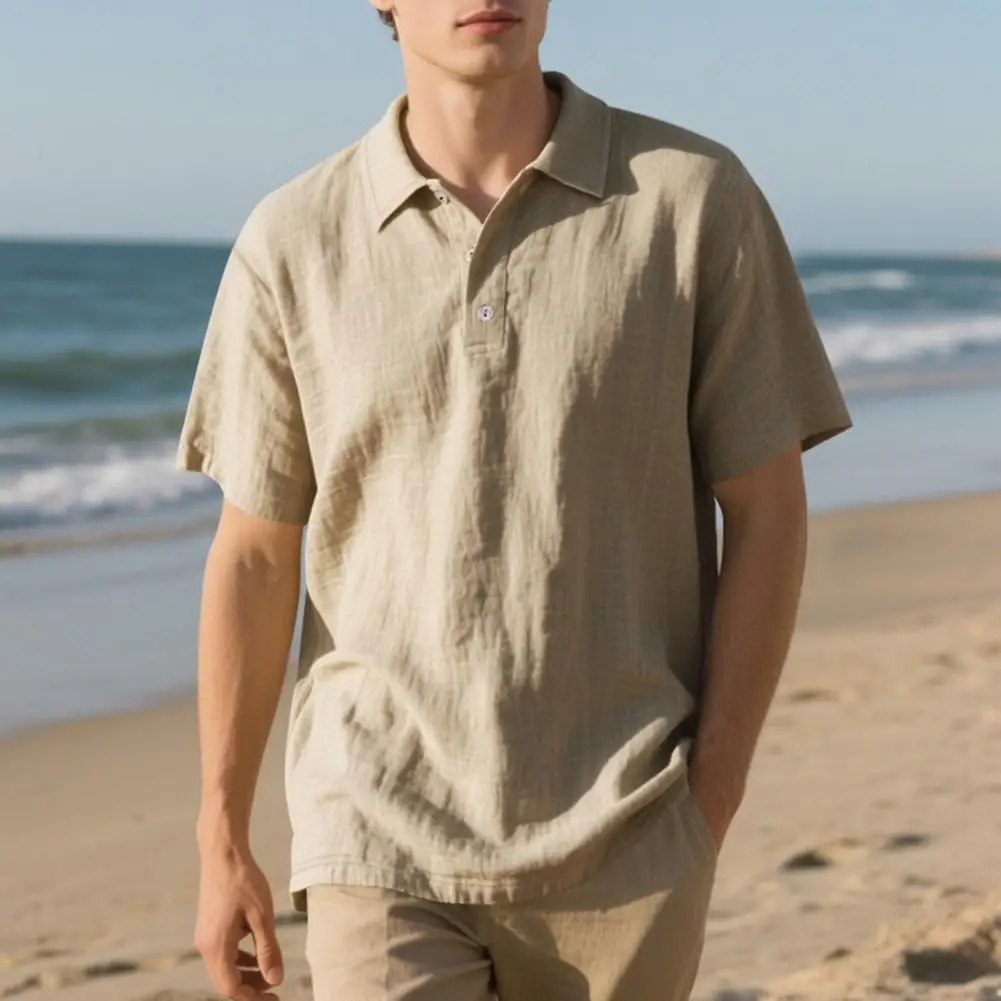 Men Linen Shirt Men's Linen Short Sleeve Shirt Summer Breathable Casual Button-up Solid Color Lapel Collar Blouse for Everyday