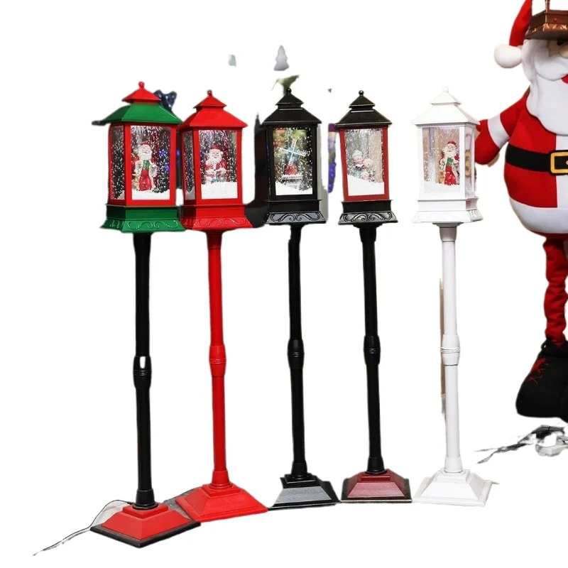 

Christmas decoration, electric music, snowy street lights, hall ornaments, shopping mall atmosphere, festival