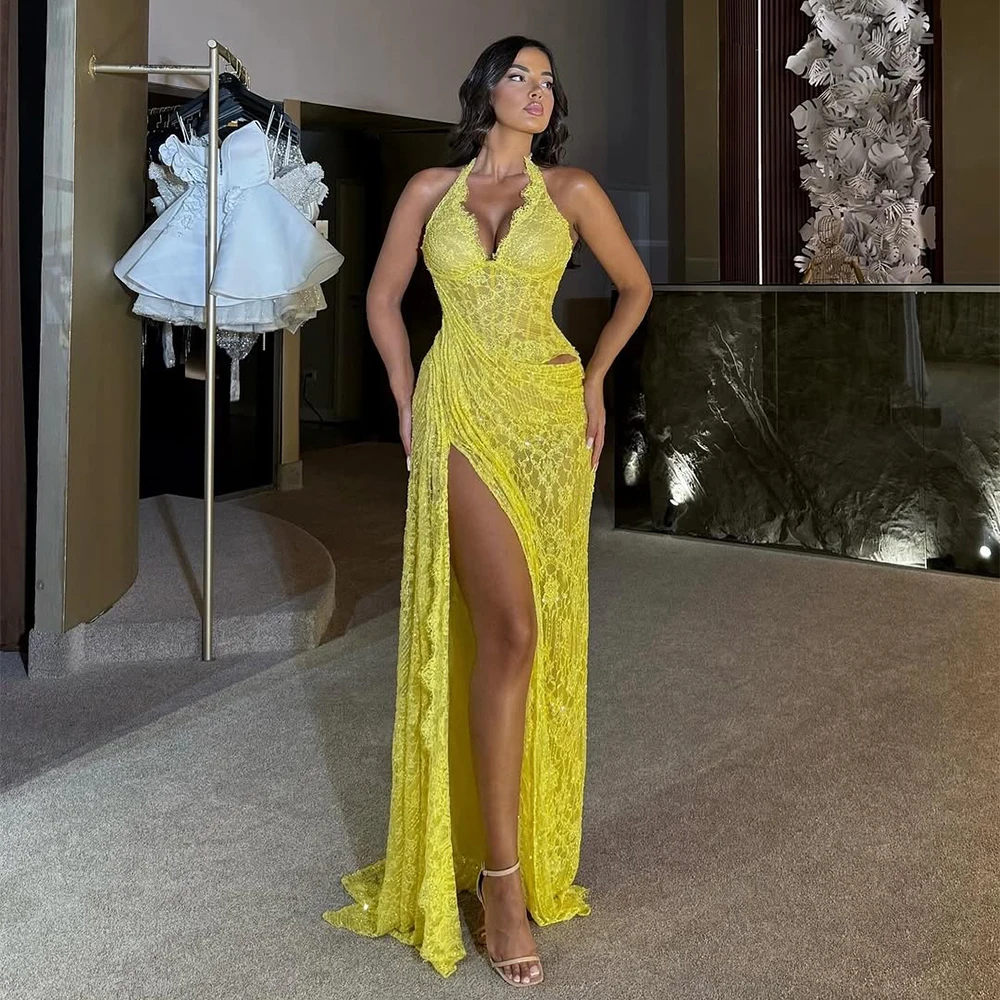 

Luxury Evening Dresses Halter Sleeveless Slit Lace Yellow Prom Dress Gala Birthday Party Dress Customized فساتين سهرة