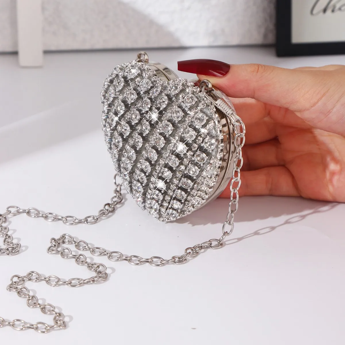 Rhinestone Heart Shaped Evening Clutch Sparkling Diamond-Embellished Chain Lipstick Bag for Party & Wedding, Luxury Mini Purse view 3
