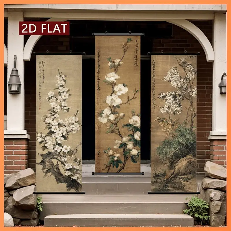VIKAMA Antique White Plum Branch Wall Tapestry Calligraphy Gongbi Vintage Silk Scroll Art Home Decor Artistic Gift Soft Durable