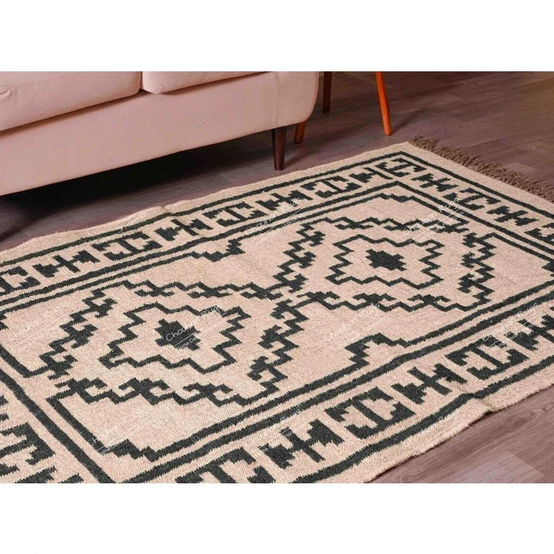 

Handwoven Wool Jute Kilim Rug Off White with Black Design Rug Fringes Jute Rug