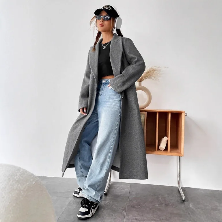 

Simple cardigan loose long women's woolen coat fashionable solid color trench coat