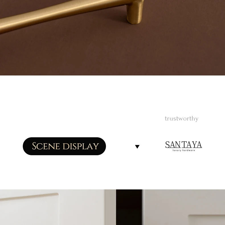 Brushed brass handle close up and furniture display heading