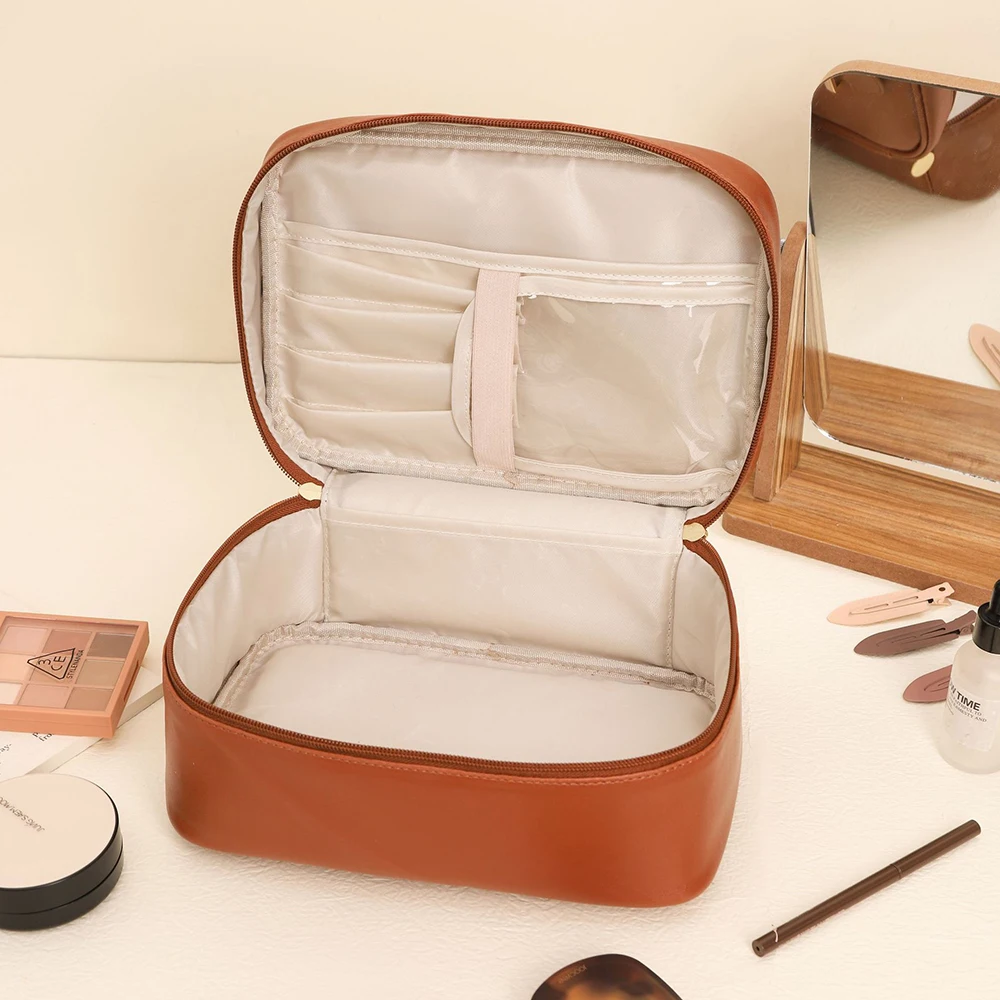 Borsa per il trucco di grande capacità borsa per cosmetici portatile da viaggio in pelle PU Organizer per articoli da toeletta scatola portatile per