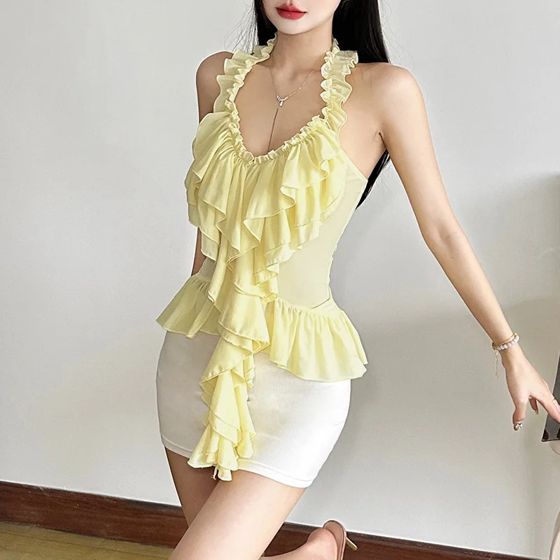 

2025 Spring/Summer New Women's Sexy Spicy Girl Irregular Design Ruffle Folded Open Back Slimming Sleeveless Top