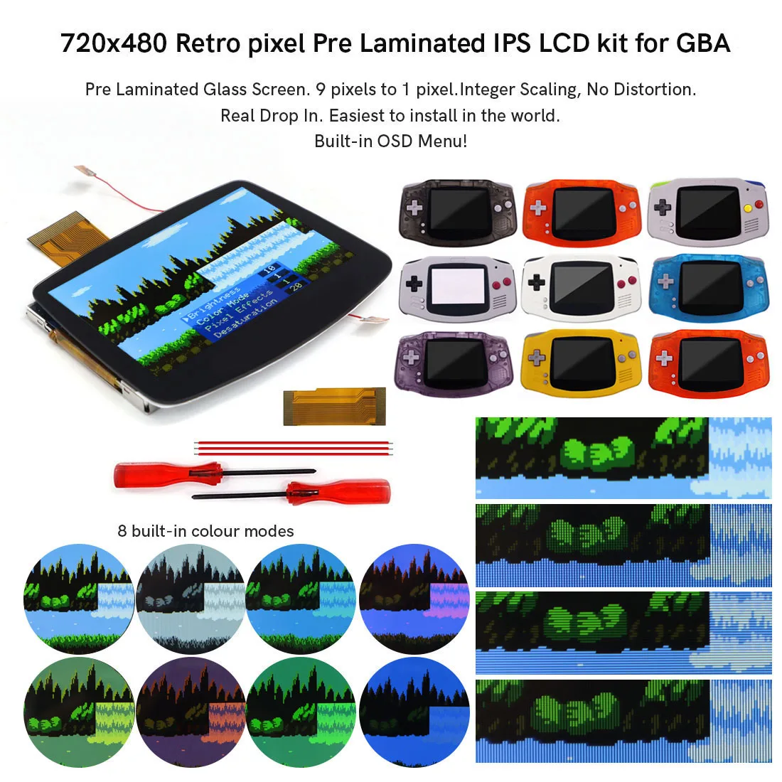 HISPEEDIDO Pre-Laminated V5 HD 720x480 Drop-in Screen For GBA V5 IPS LCD Kits Replacement Desaturation Retro Pixel OSD FRM