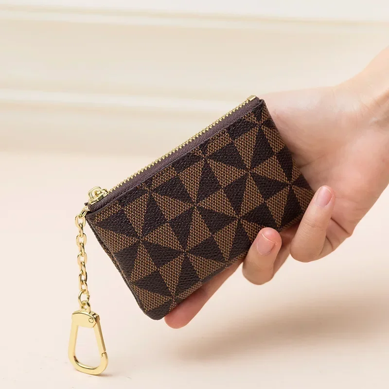 Coin Key Storage Bag with Chain Women Mini Coin Purse Luxury Designer Plaid Leather Small Zipper Wallet Ladies Keychain