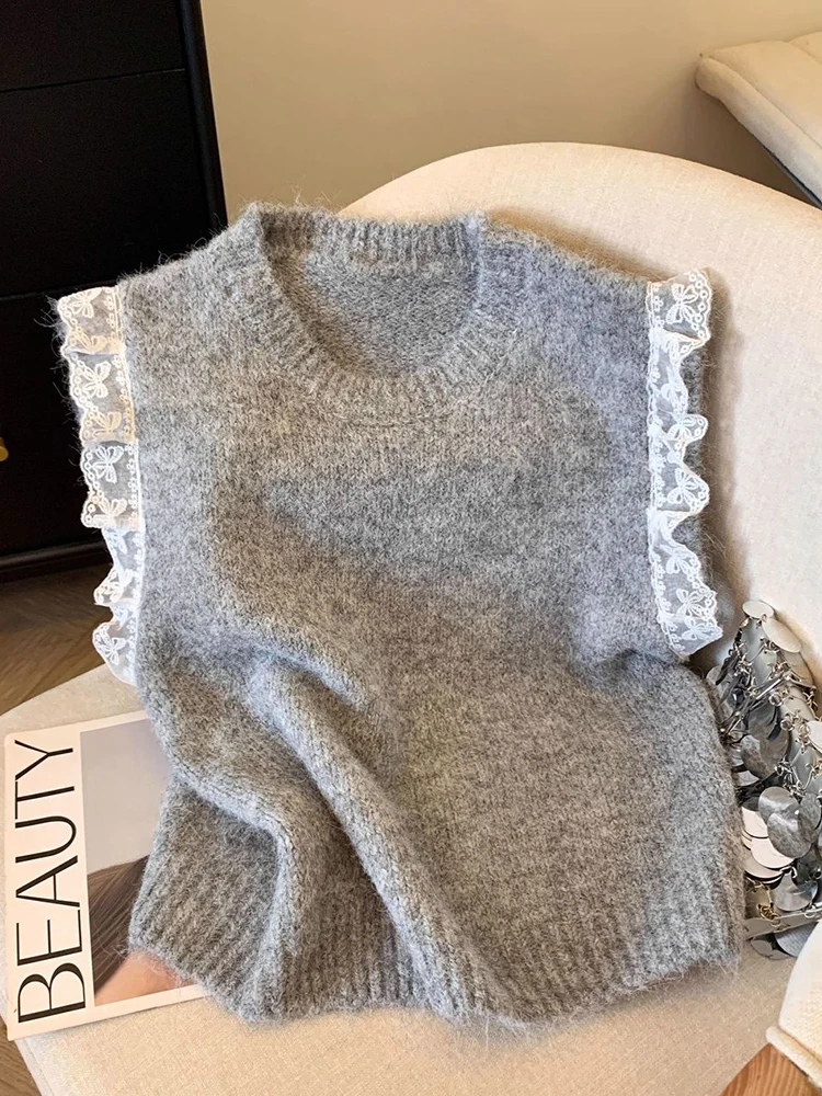 Zoki Lace Patchwork Sweet Sweater Vest Women Vintage O Neck Casual Knitted Tops Korean Preppy Style Lady Lazy Wing Cute Vest New