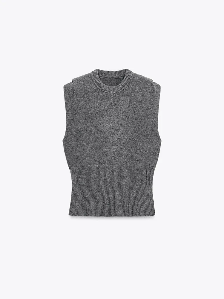 Sweet Ele Women's Knitted Vest Top oulder Pleated Sle Casual Slim Fit round Ne ort Length Outerwear for Ladies