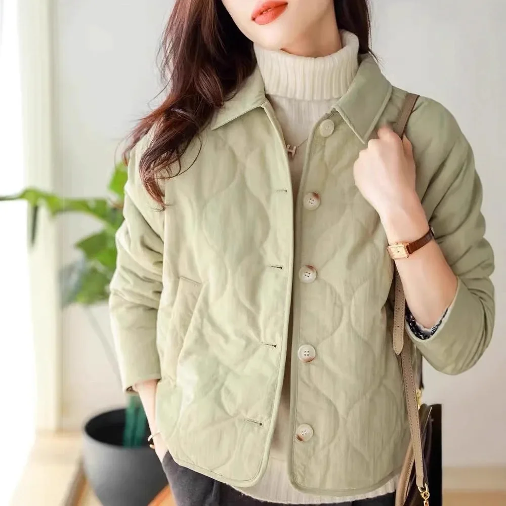 Lightweight Padded Cotton Jacket Short Straight Cut Polo Collar Autumn Winter New Style Women's Fashion Casual Outerwear