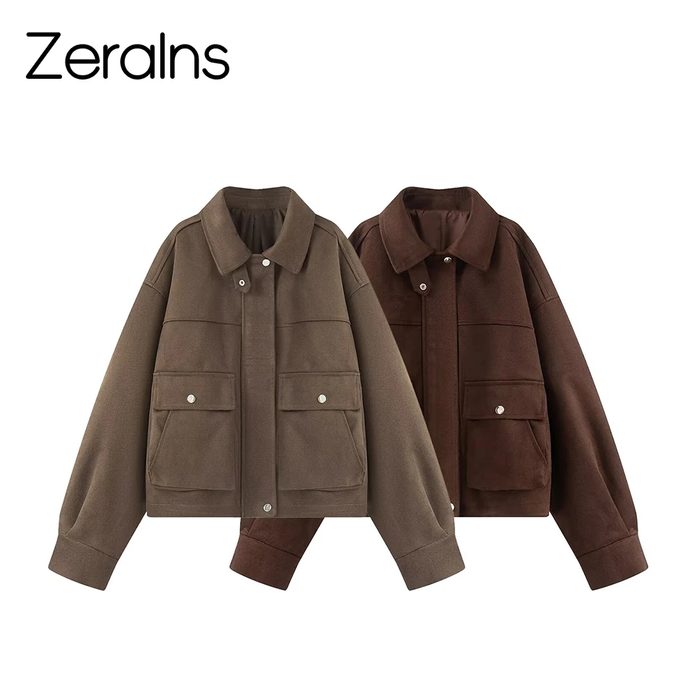

ZERAINS American spicy girl Maillard suede pocket motorcycle jacket loose short versatile stand up collar jacket autumn