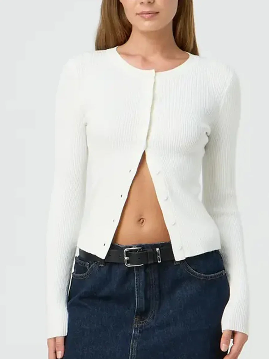 

Women's Autumn Sweater Cardigan Solid Color Long Sleeve Round Neck Button Up Ribbed Knitwear Tops Streetwear