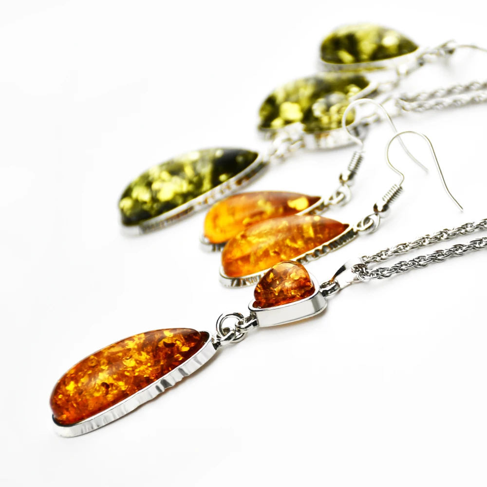 Vintage Accessories Imitation Amber Water Drop Necklace Earrings Geometric Sweater Chain Women\'s Fashion Classic Jewelry