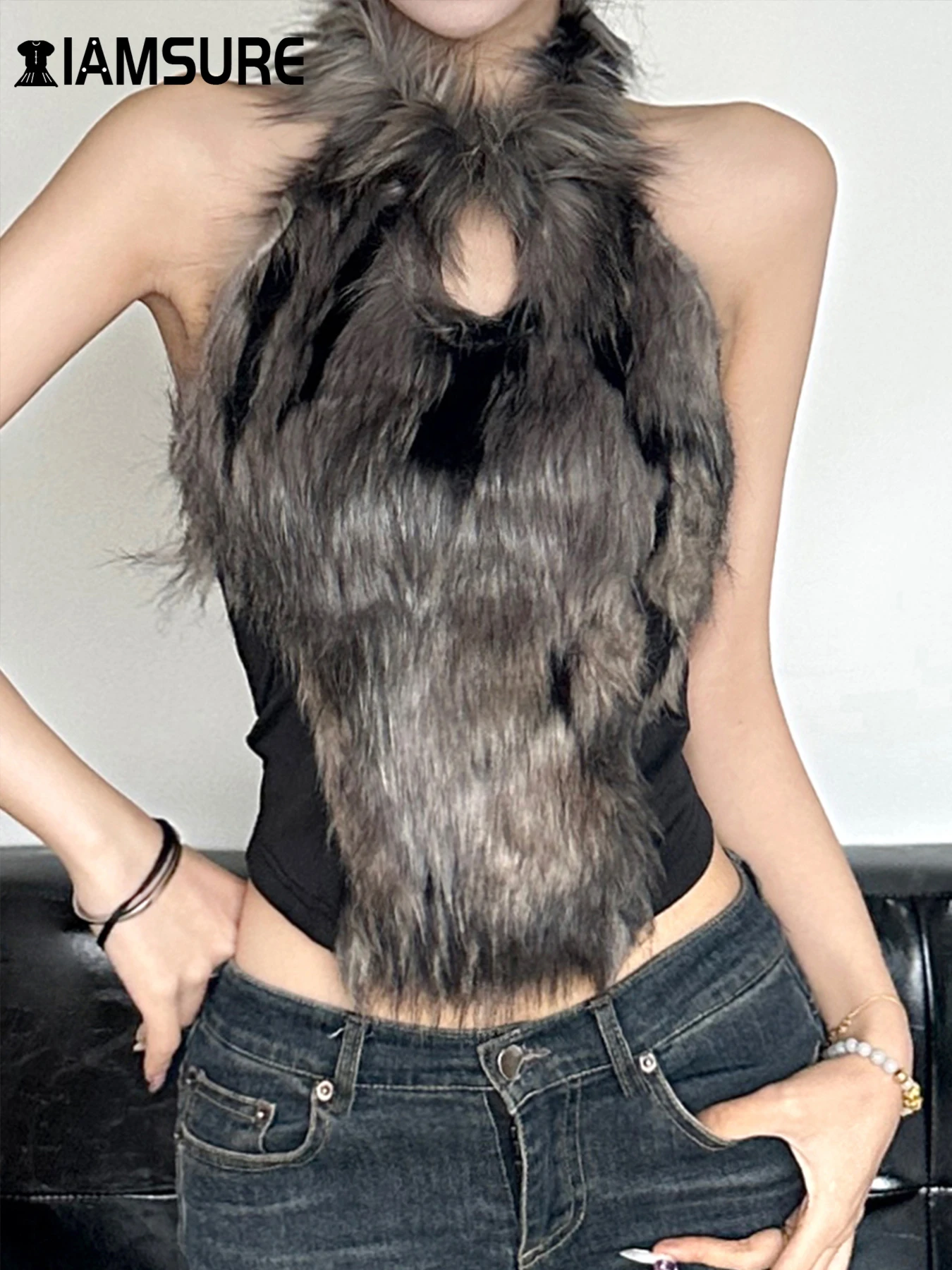 IAMSURE Sexy Patchwork Furry Halter Tops Slim Backless O-Neck Hollow Out Sleeveless Tanks Women 2024 Autumn Streetwear Ladies