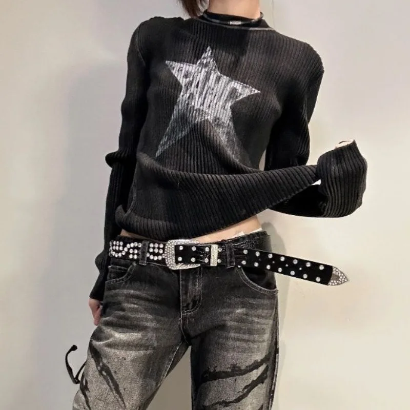 HOUZHOU Gothic Black Star Sweater Women Grunge Autumn Y2k Vintage O-neck Knitted Pullover Goth Short Jumper Kpop Korean Fashion