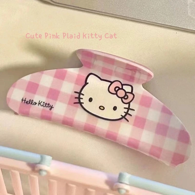 Pink Plaid Cartoon Hair Clip Girl Cute Hello Kitty Hair Clip Girl Kawayi High Quality Hair Clip Friends Birthday Gift Headdress