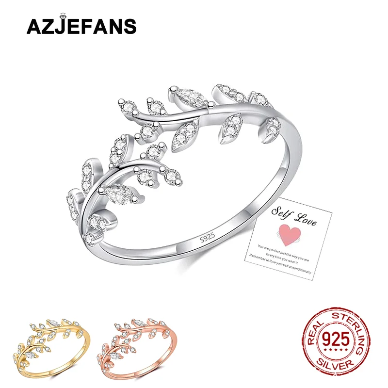 

925 Sterling Silver Open Adjustable Leaf Ring with Cubic Zirconia Fine Jewelry Gift