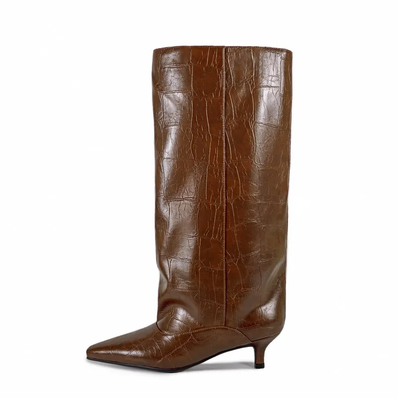 

Модные сапоги до колена на массивном широком икры в западном стиле, сапоги с напуском на каблуке «котенок» для повседневной осенней повседневной одежды