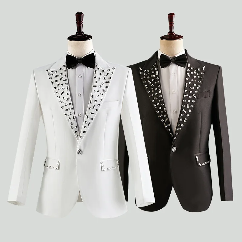 Men\'s Solid Color Formal Suit Wedding Dinner Party Tuxedo Pants 2 Piece Set Rhinestones Collar Slim Blazer Trousers Chorus Suits