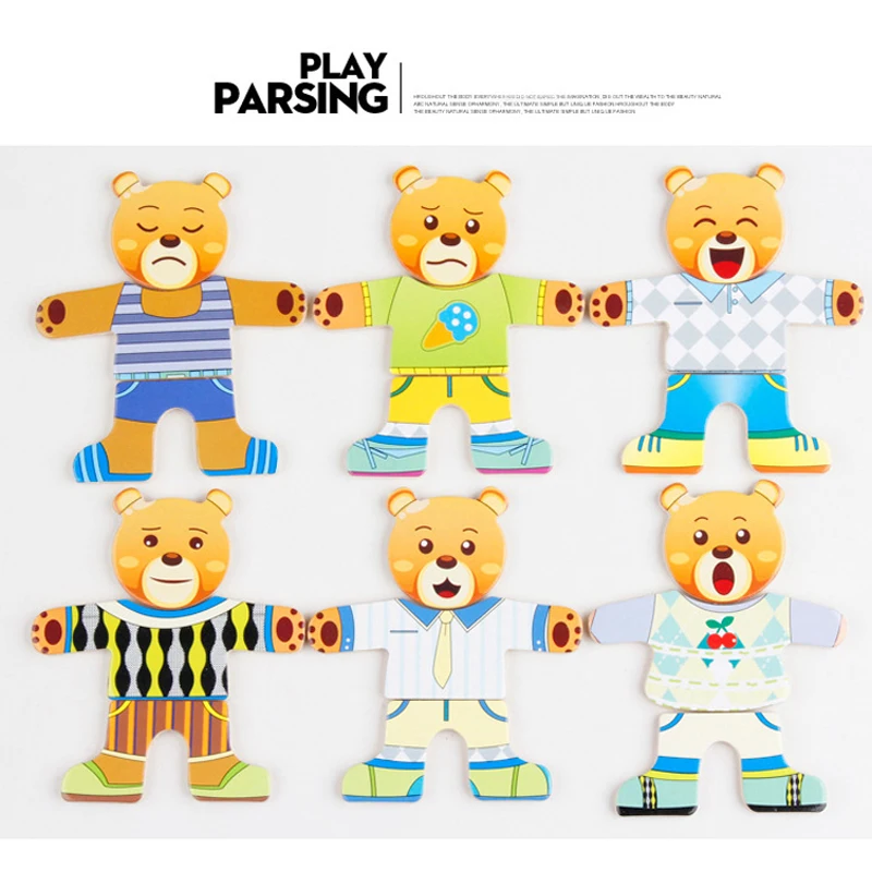Quebra-cabeça de madeira para crianças Jogo de vestir Brinquedos do bebê Coelho Pequeno Urso Troca De Roupas Presente de Educação Precoce