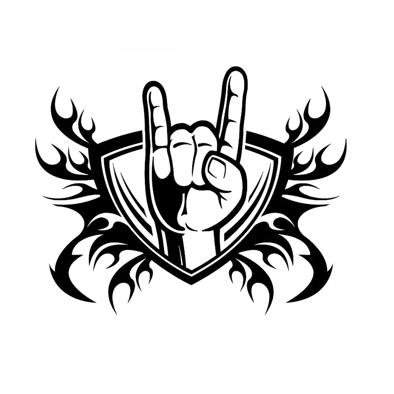 Rock Shield Flame Music Gesture Decal Car Decoration Personality PVC Car Window Waterproof Sticker Black/White, 16cm*13cm