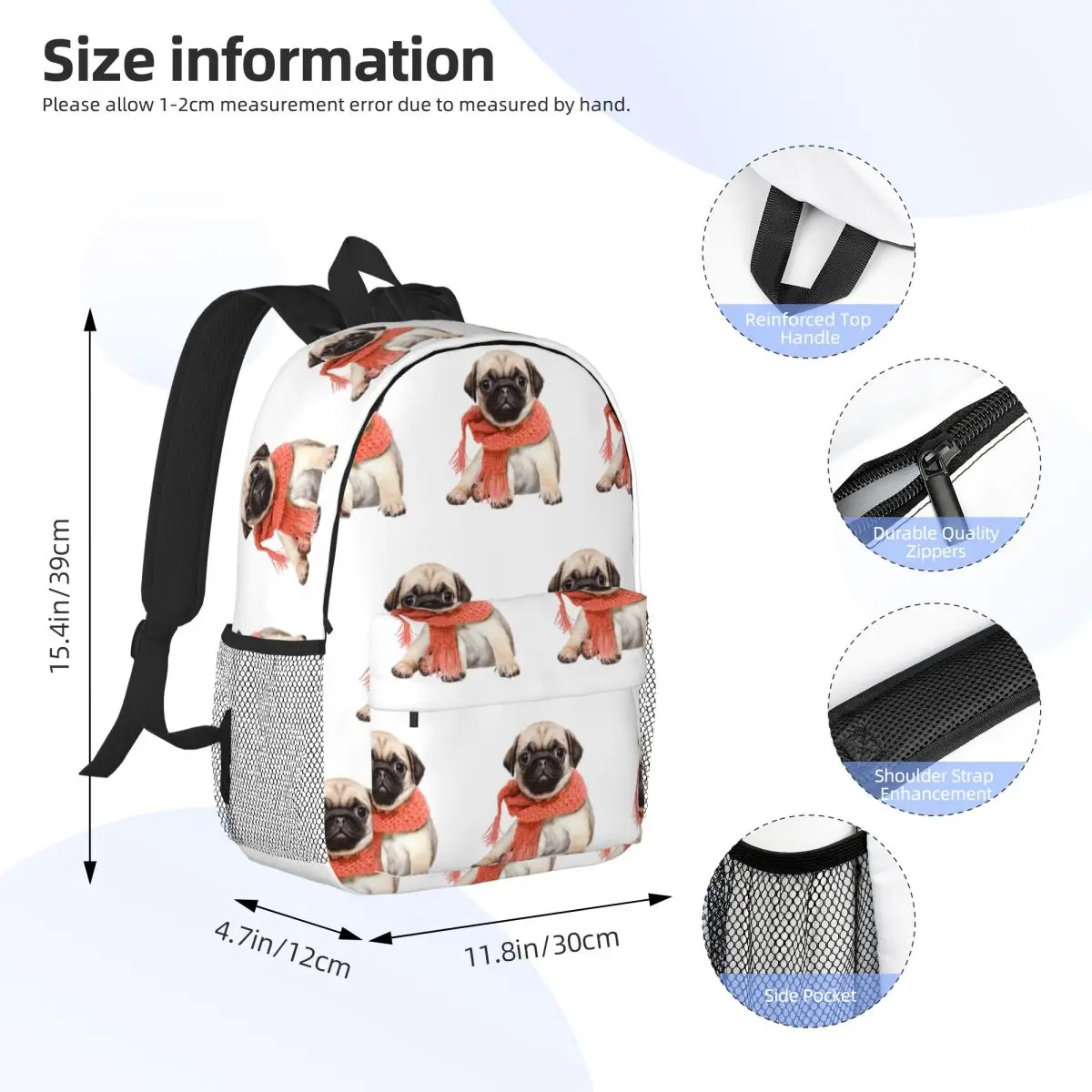 Winter Funny Fawn Pug Funny Dog Lover Backpack Student Boys Girls BookBag Men Women School Bag Laptop Shoulder Bags