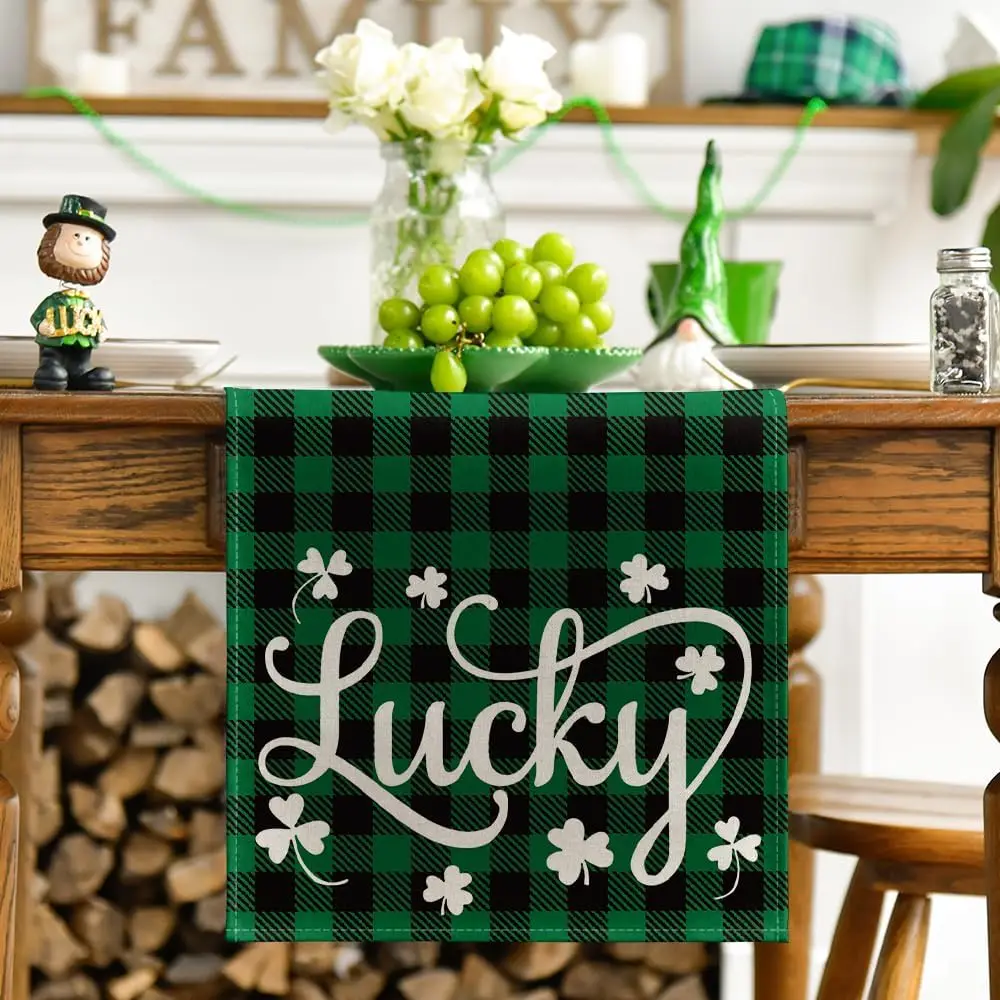 Buffalo Plaid Lucky Clover Shamrock Table Runner Seasonal St. Patrick's Day Holiday Kitchen Dining Table for Home Party Decor