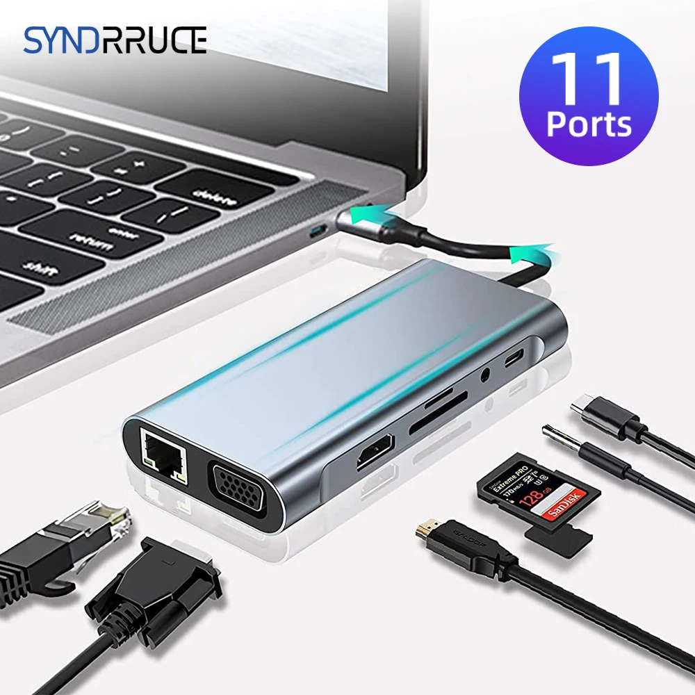 11 ports USB C HUB Type C Adapter to HDMI-Compatible 4K VGA RJ45 SD/TF Card 3.5MM AUX 10 Port Docking Station PC Laptop Splitter