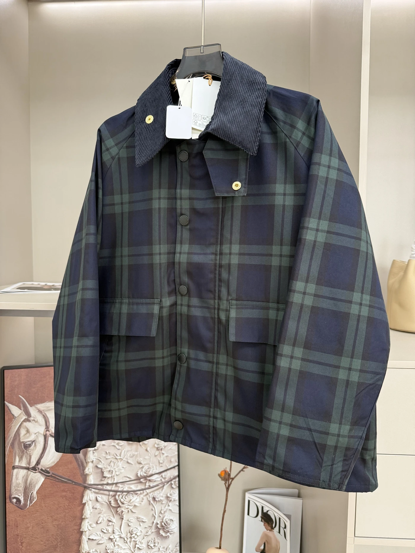 

Waterproof Japanese Sle Jaet Blue Plaid Hunting Sle Velvet Collar Outerwear Long Sve Zipper Closure Casual Coat