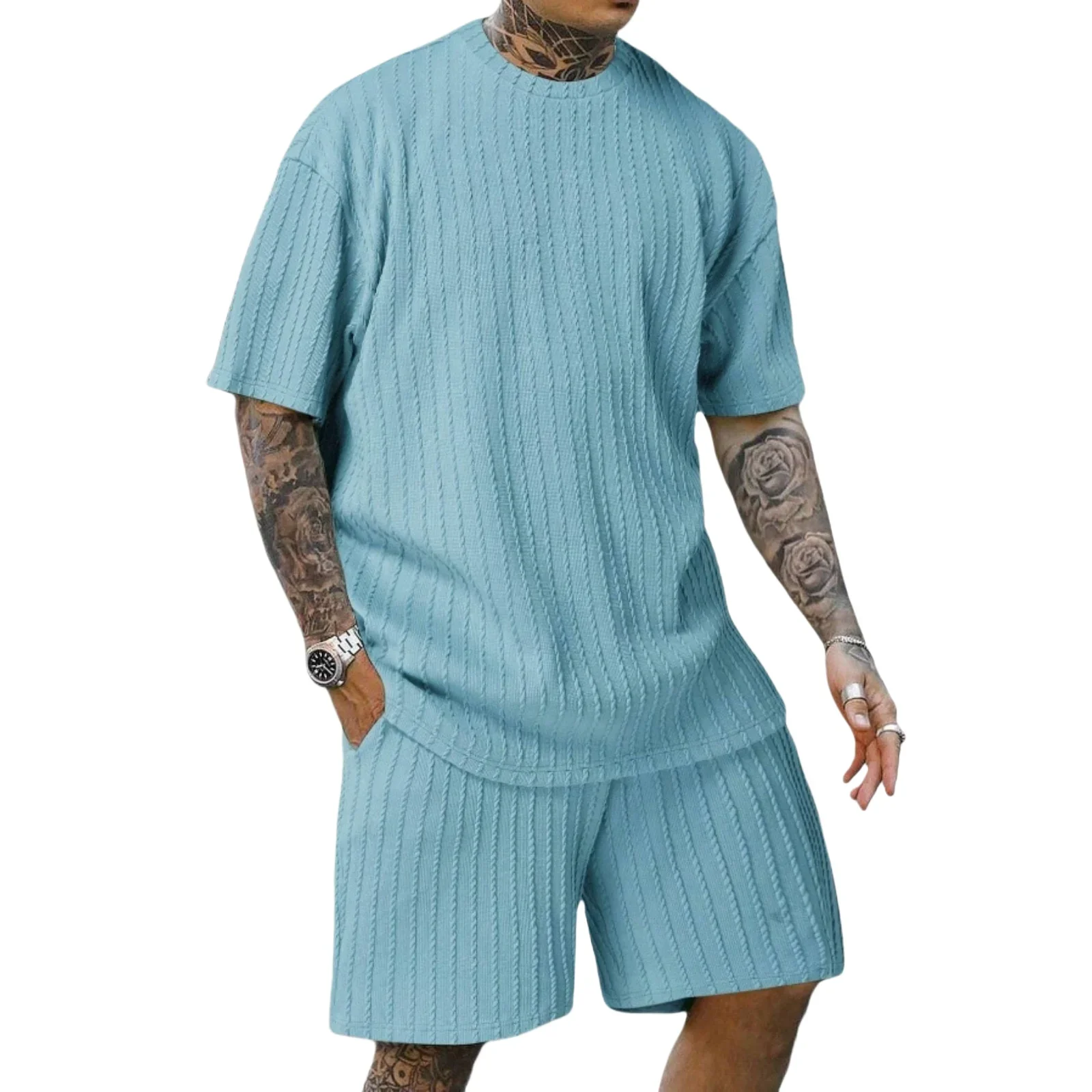 New men's sporty solid-color round-neck pullover vertical striped T-shirt, shorts and short sleeves two-piece casual set 2025